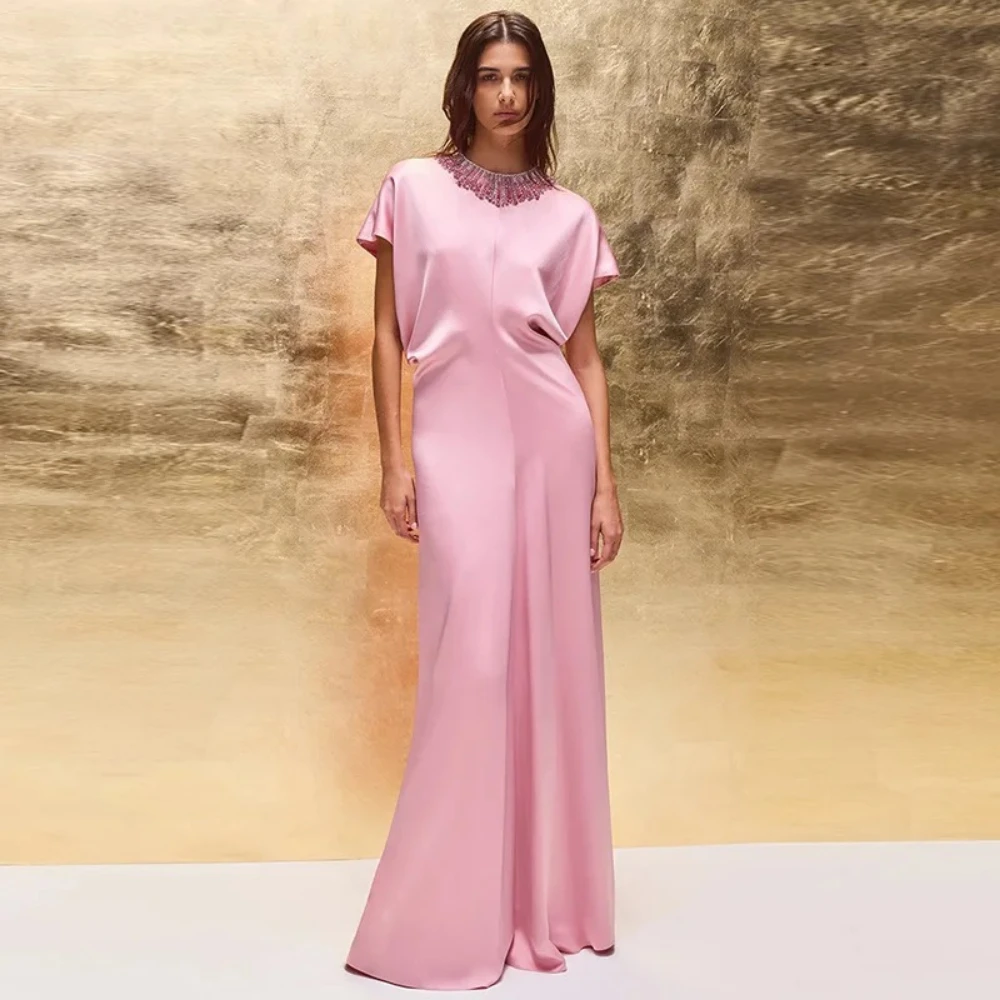 

Pink Women's Evening Dress Customized O-Neck Beaded Short Bat Sleeves Prom Gown Mermaid Floor Length Formal Party Dresses