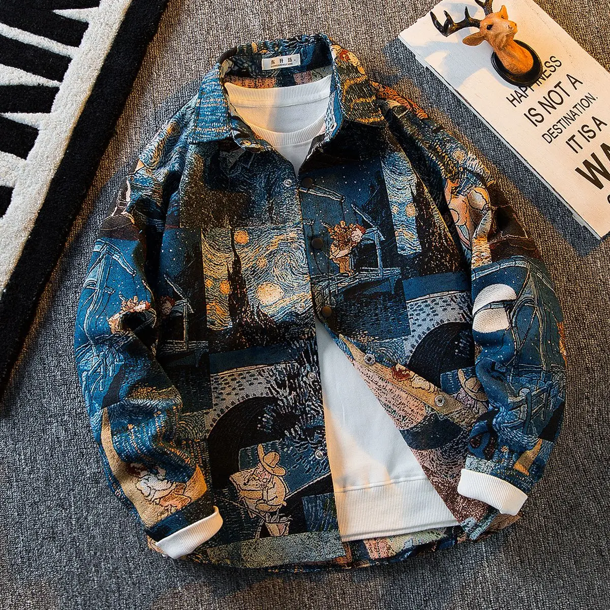 Men's American vintage oil painting shirt men's long sleeved trendy art student shirt casual coat shirts for men  men clothing