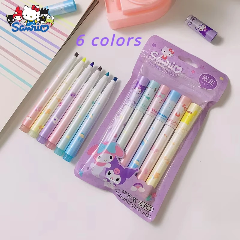 Sanrio 6Pcs Highlighter Hello Kitty Kuromi Hand Account Marking Pastel Highlighter Cinnamoroll School Office Supplie Statione