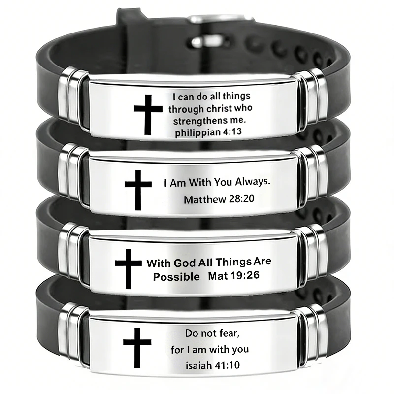 Edelstahl Christian Kreuz Bibel Armband Einstellbare Silikon Armreifen Armband Schrift Männer Schmuck