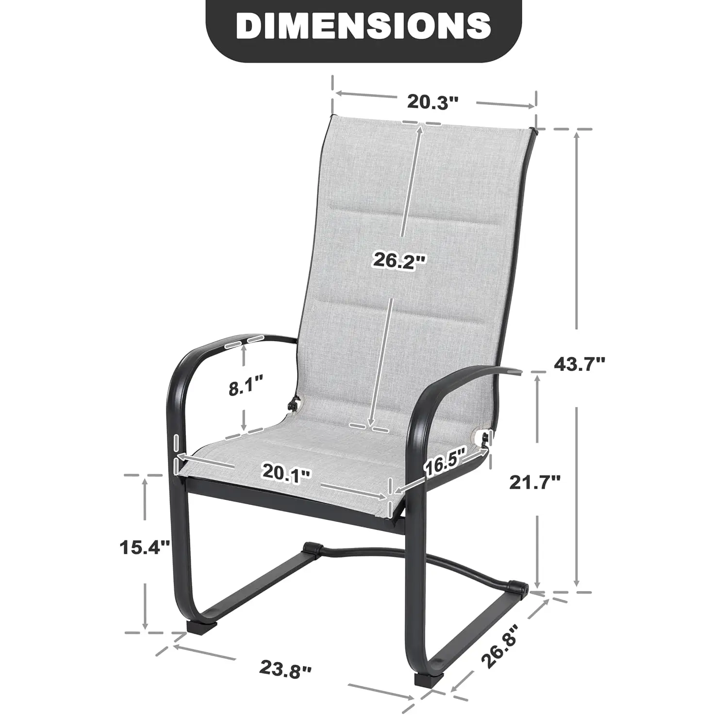 All Weather Padded Textilene Dining Chairs 2pcs, Spring Motion High Back Patio Chair for Backyard Deck Lawn, Gray, Customized