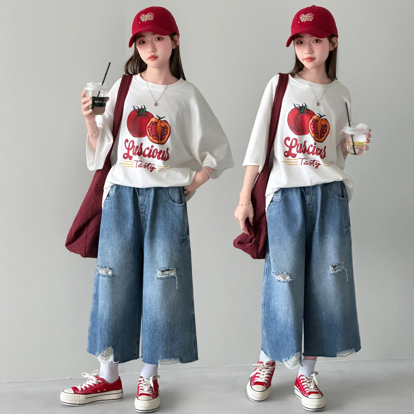 Girls Summer Two-Piece Outfit Set Short Sleeve T-Shirt Distressed Denim Shorts Korean Style Soft Cotton Cartoon Print