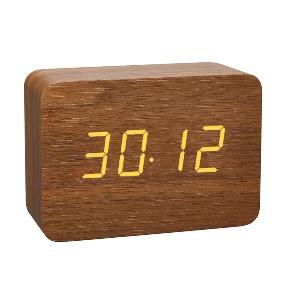 Temperature Sensor Wooden Alarm Clock Silent Movement Digital Display Digital Desktop Clock Battery Operated LED Alarm Clock