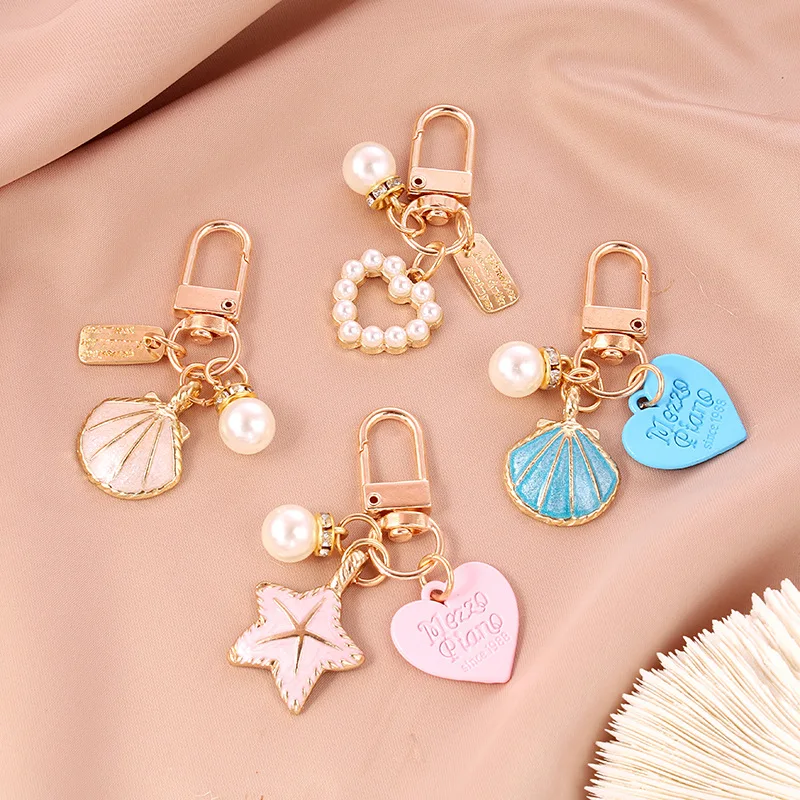 Women Girls Heart Keychain Shell Starfish Fashion Letter Label Imitation Pearls Key Chain Pendant Handbag Hanging Accessories