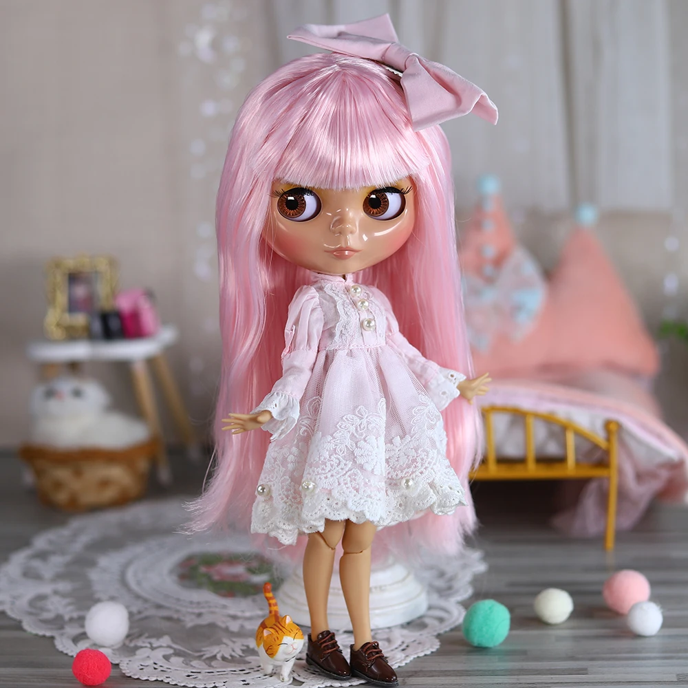 

ICY DBS Blyth Doll Glossy Face Tan Skin Pink Hair Lace Dress Little Princess Dress Up 30cm Doll Girl Festival Gift Birthday Gift