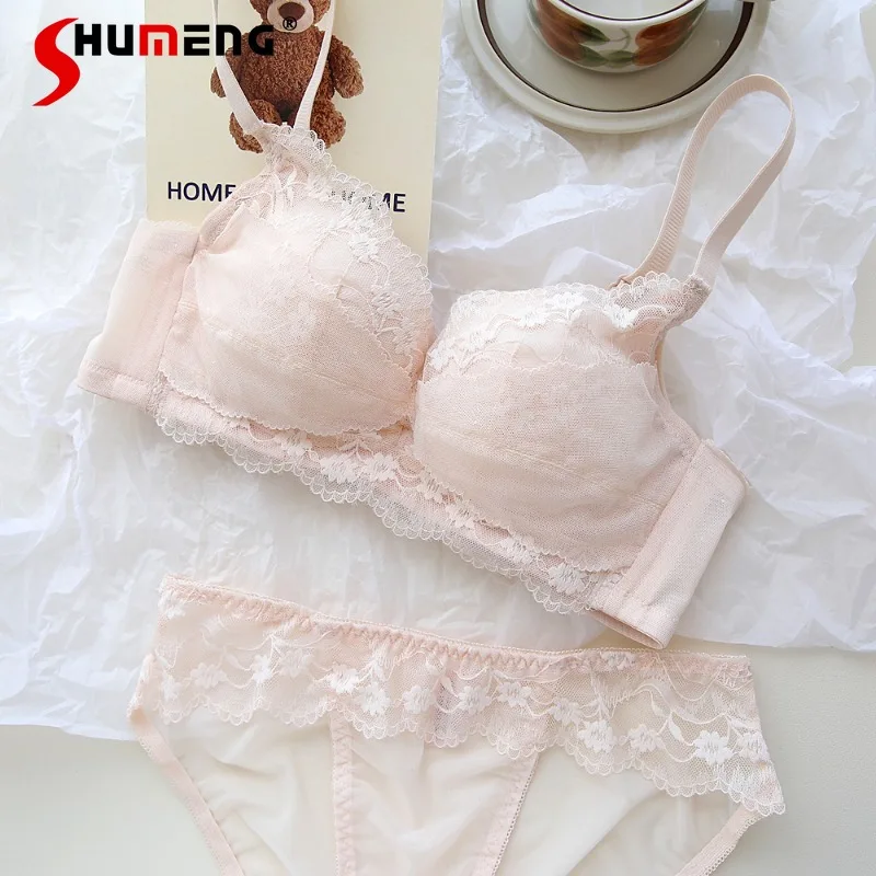 

Lace Pure Desire Small Chest Bra Set Women's Push Up Anti-Sagging Romantic Underwear Female French Solid Sexy Brief Suits