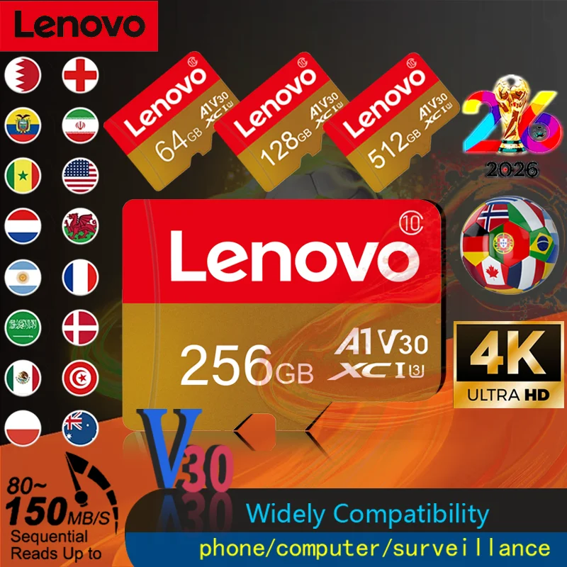 Lenovo High-Speed Micro SD Memory V30 Cards SD/TF 512GB 256GB 128GB 64GB Flash Cards  for Xiaomi Camera And Phone