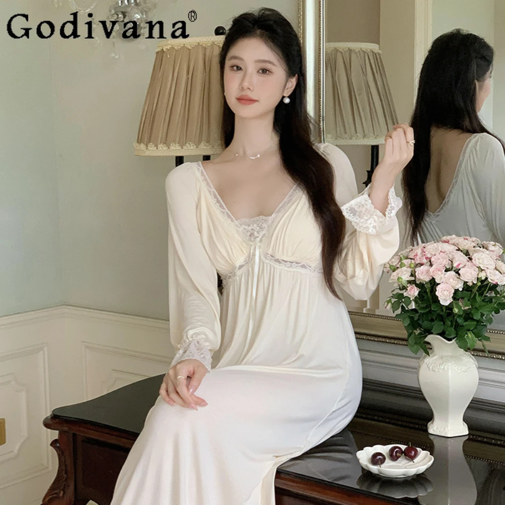 

French Pajamas Women's Spring and Autumn Cotton Long-sleeved Sleepwear Sexy with Chest Pads Home Dresses Can Be Worn Outside