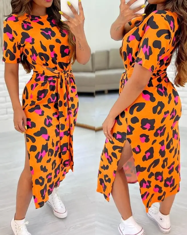 Casual Women's Dress 2024 Multi-Color Leopard Print Round Neck Short Sleeved Tie Up Details Waist Slit Casual Slim Midi Dress