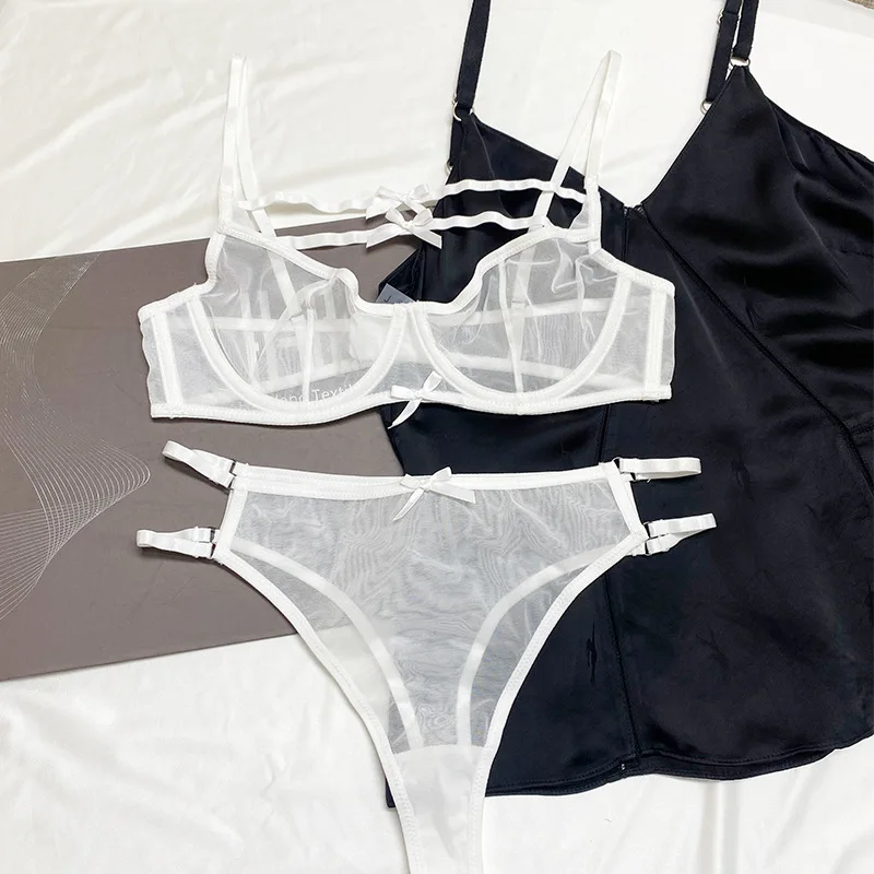 Fashion bra set thin section mesh sexy bow gathered up support lingerie large breasts show small underwear sets