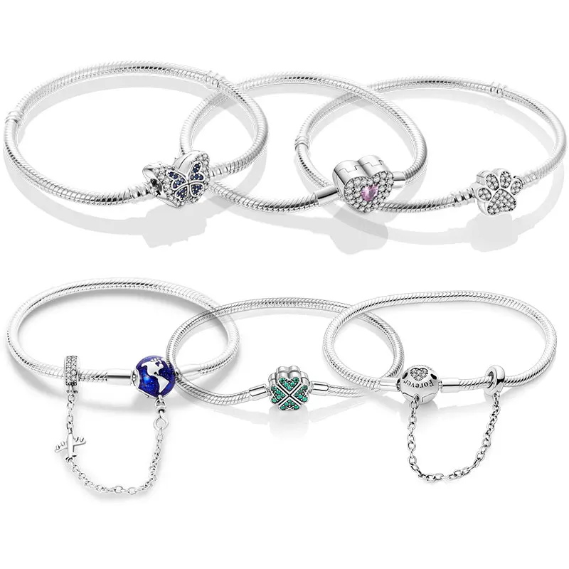 

New 925 Silver Charm Bracelet Airplane Earth Snake Chain Sliding Bracelet Suitable with Charm Beads Ladies Jewelry