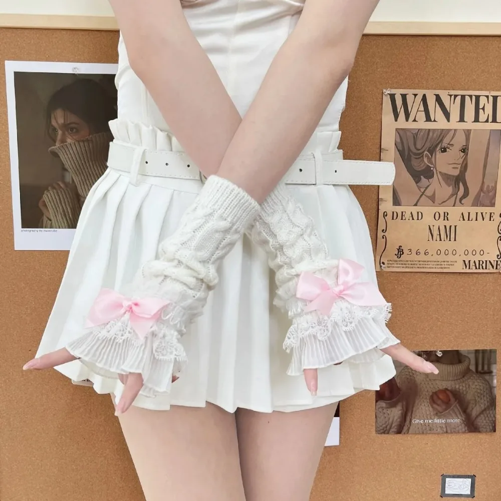 

Тренд 2026: Белые кружевные рукава в стиле ретро, черно-белые сетчатые рукава с цветочным узором, свадебные зимние теплые перчатки с бантом в стиле Лолита