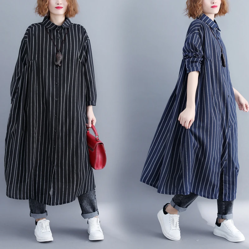 Wiosenno-letni, luźny kardigan damski plus size z bawełny i lnu w paski, z kołnierzykiem, o kroju litery A, rozpinany, swobodny, uniwersalny top.