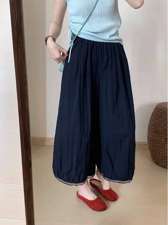 Laid-ba Japanese Sle Nine-Foot Pants Women's Summer Hollow Lace Casual Thin Balloon Pants Qui Dry Wide Leg Lantern Pants