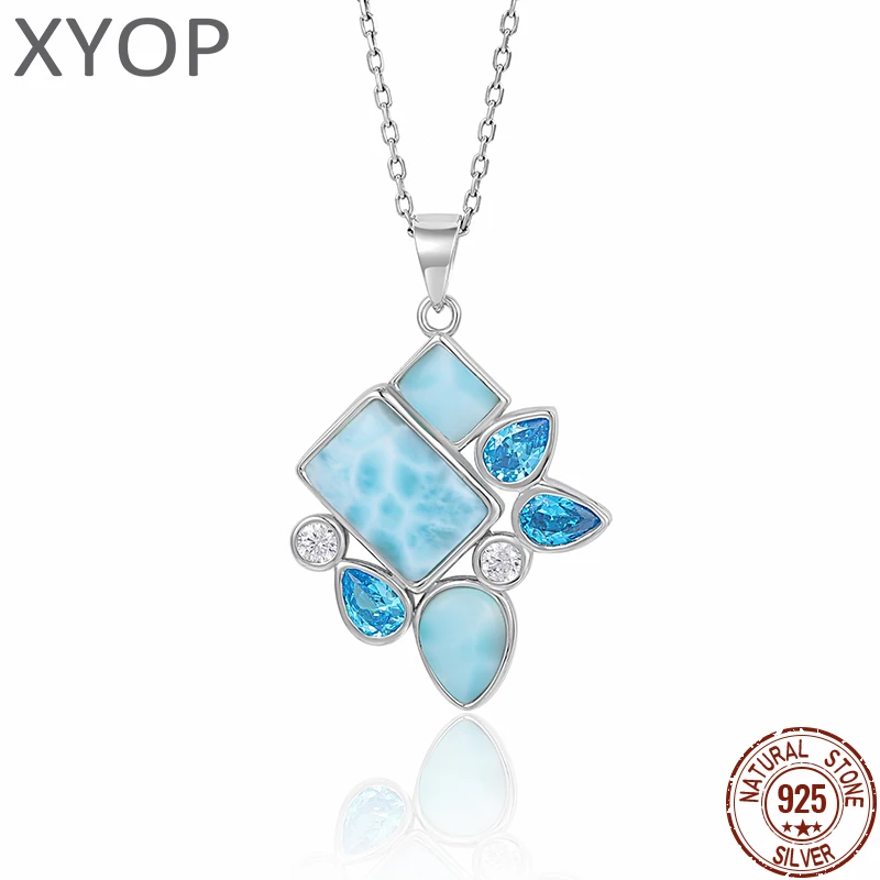 Geometric Design Hot Selling 925 Sterling Silver Natural Blue Larimar Pendant Necklace Womens Jewelry For Dating