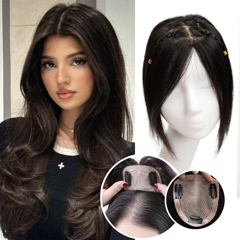 Pelucas de encaje con Base de seda para mujer, extensiones de cabello 100% humano, Clip en una pieza, peluca superior, accesorios para el cabello adelgazante