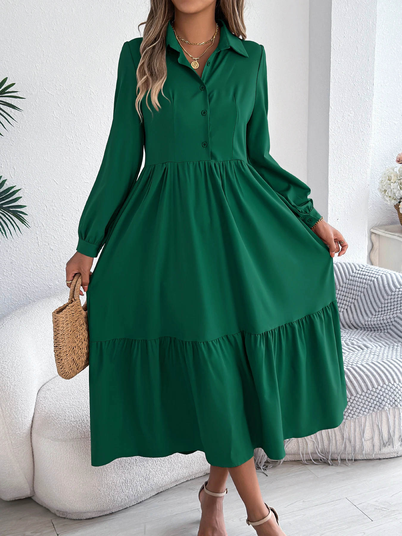 Robe décontractée à manches longues et col rabattu pour femme, vêtement de vacances, simple boutonnage, mode printemps-automne