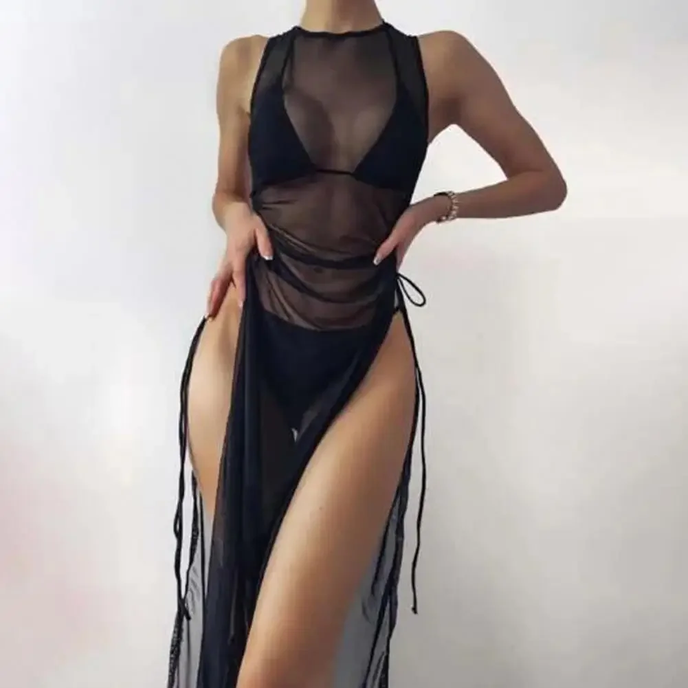 O-neck Side High Split Shirring Cover Up Dress Women Mesh Transparent Sleeveless Sunscreen Dress For Vacation