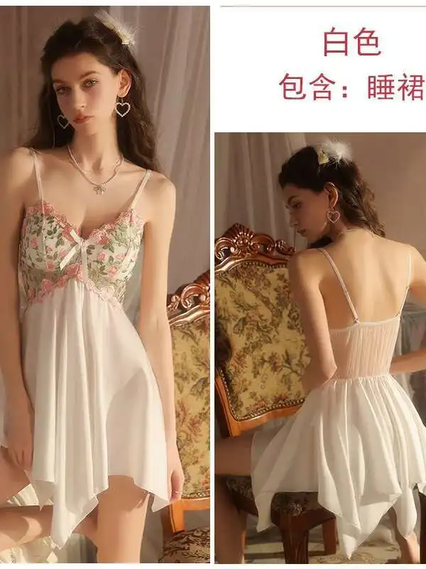 Sexy transparentes Kleid, rückenfrei, Blumenstickerei, tiefer V-Spitze, Hosenträger, ärmelloses Mesh-Kleid, elegant, reines Verlangen, süß, 45YD