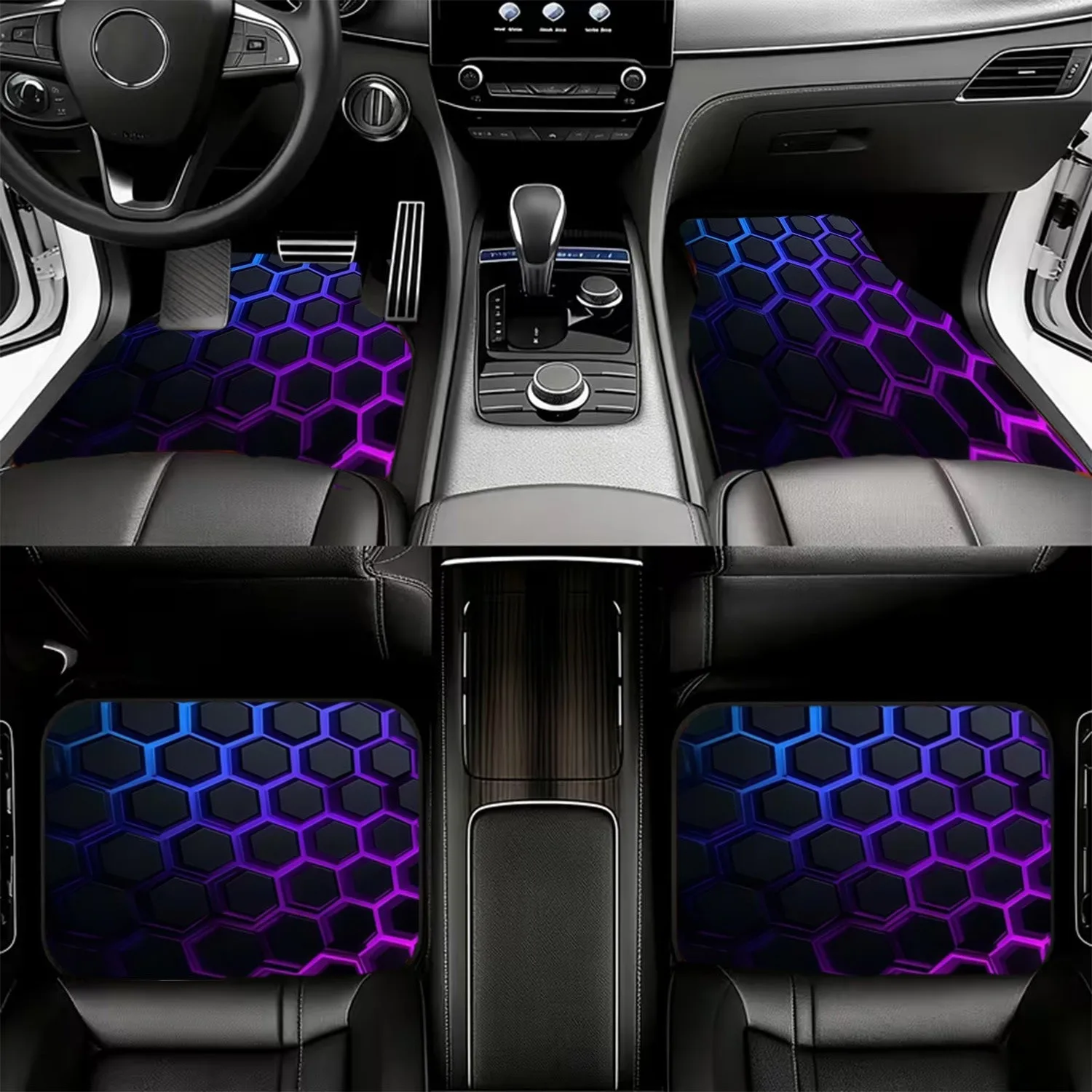 Four-Piece Car Floor Mats, Featuring Futuristic Hexagonal Grid Texture, High-Quality Materials, Combined With Dazzling Neon Blue