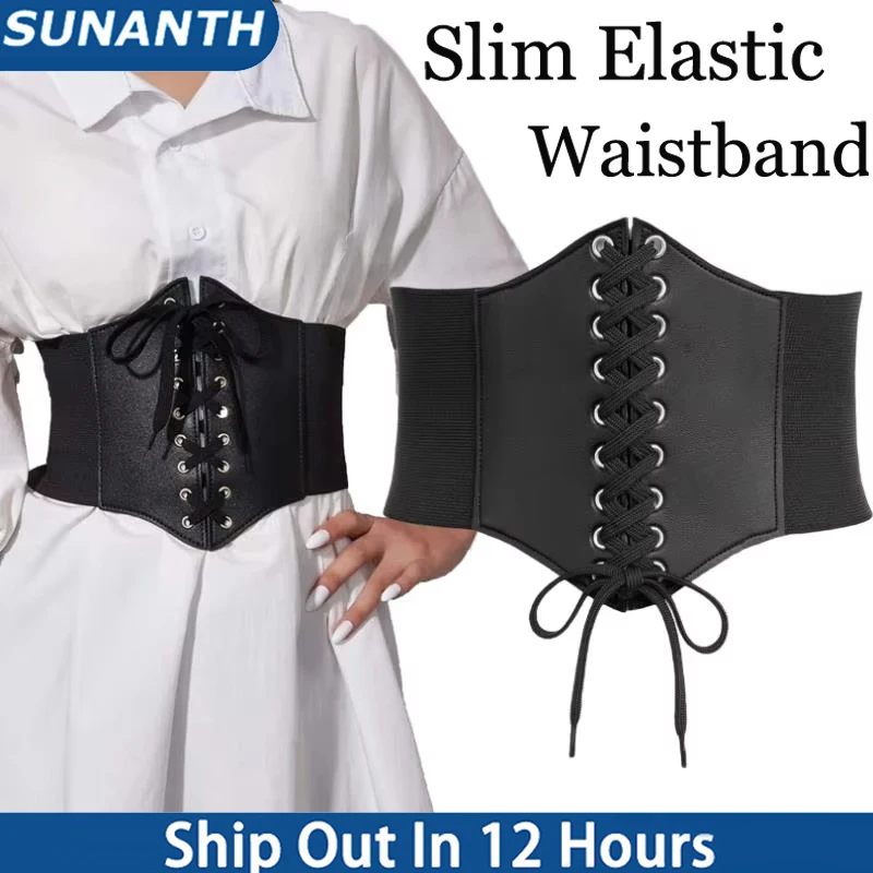 Cintura a vita alta in PU elastico sottile moda donna vintage elegante semplice con lacci corsetto con cintura larga quotidiana punk e gotica nera