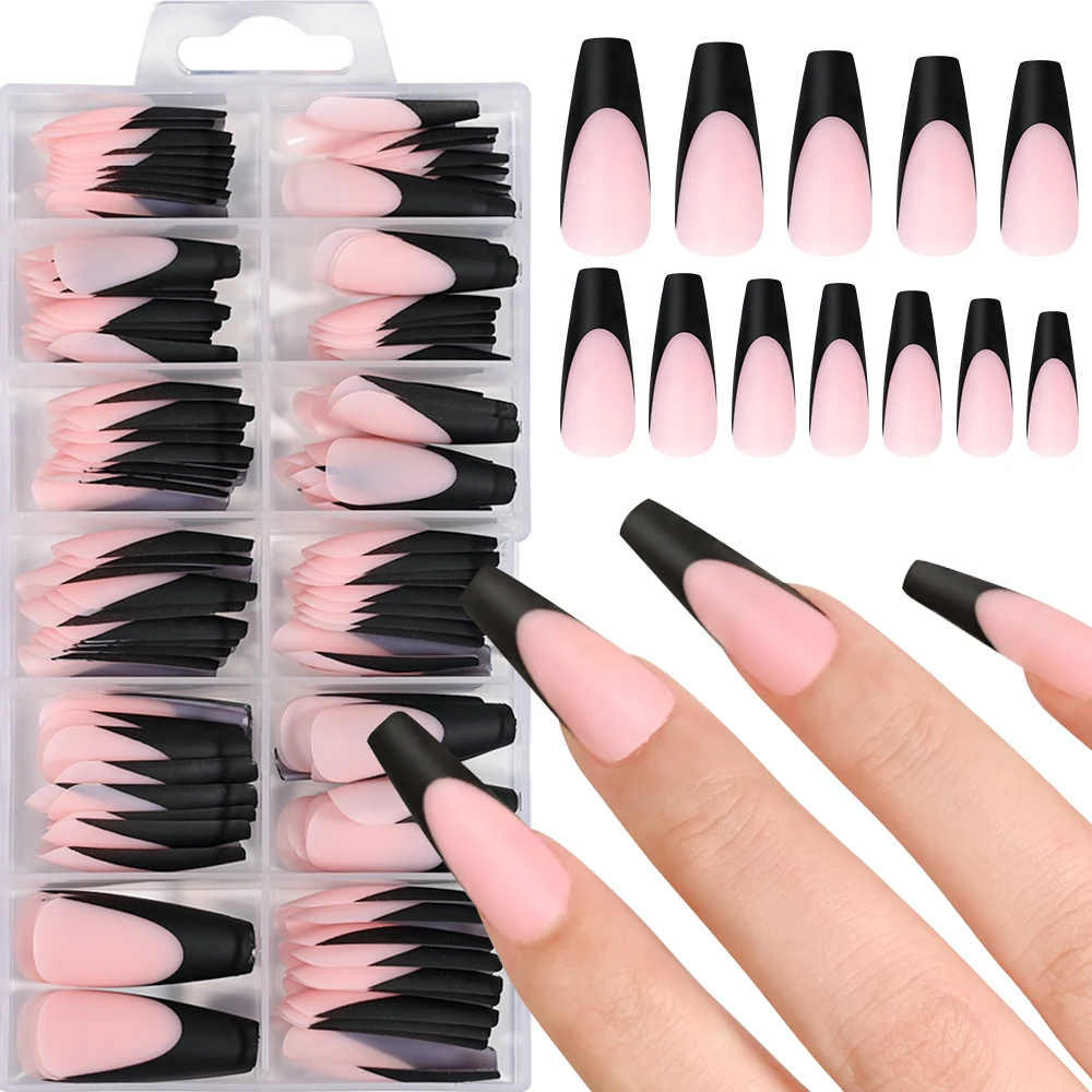 120Pcs Square Head Matte False Nails Long Ballet Full Cover Artificial Wearable Nail Beauty Tips Naked French Black False Nails*