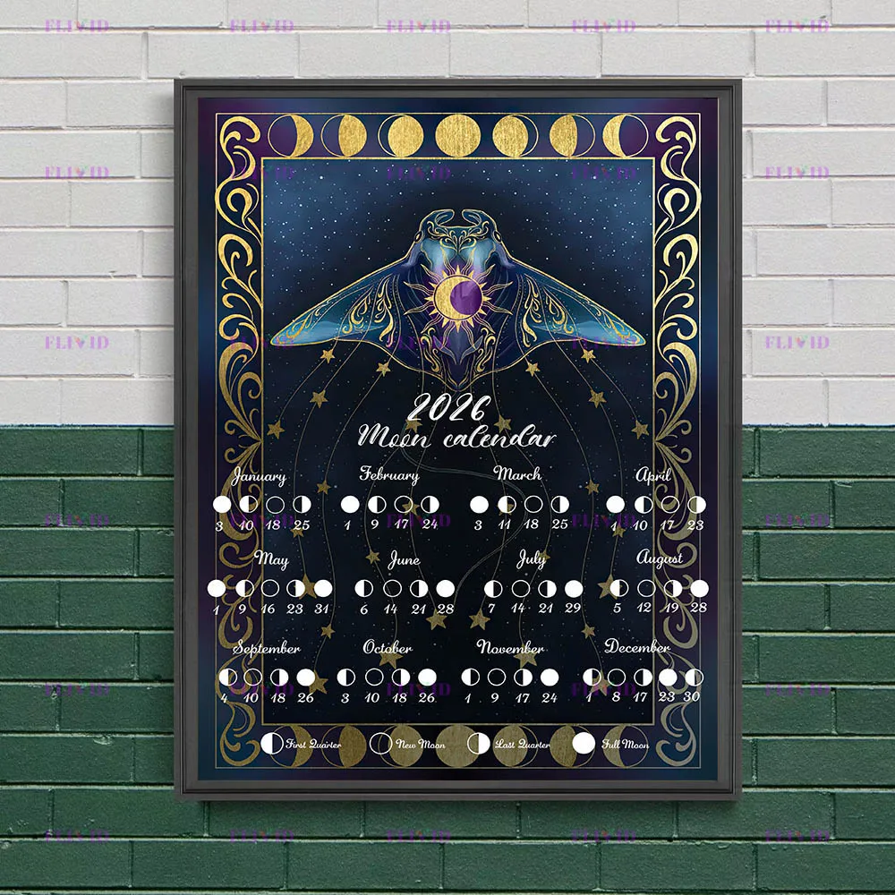 Moth & Snake & Frog & Rabbit And 2026 Lunar Phase Calendar Wall Art ,2026 Dark Forest Moon Calendar Celestial Astrology Poster