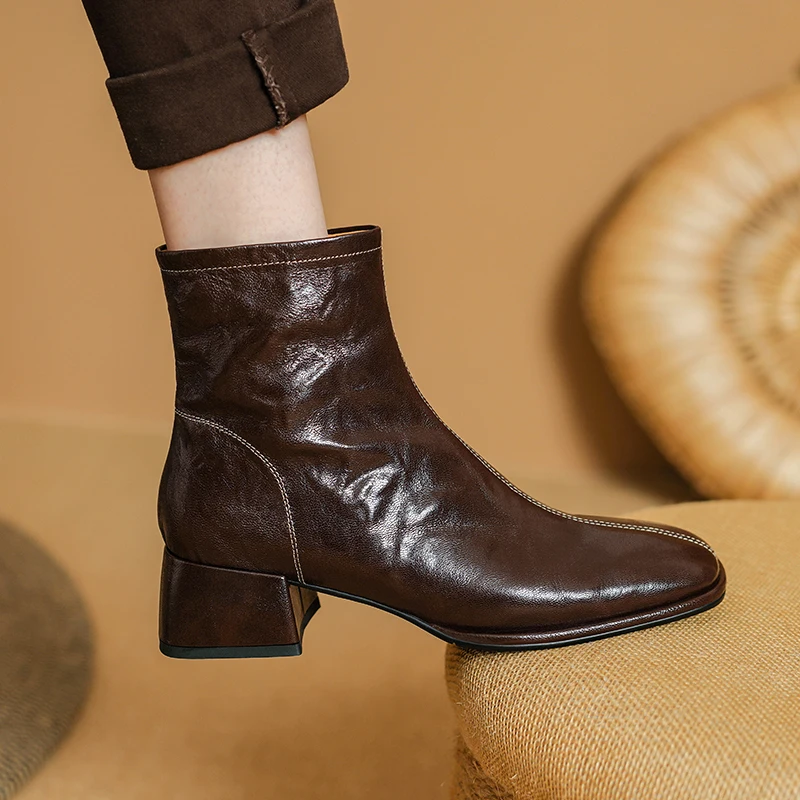 2024 Jesienne buty damskie Square Toe Women Shoes Chunky Heels Shoes for Women High Heel Boots Vintage Sheepskin Leather Shoes