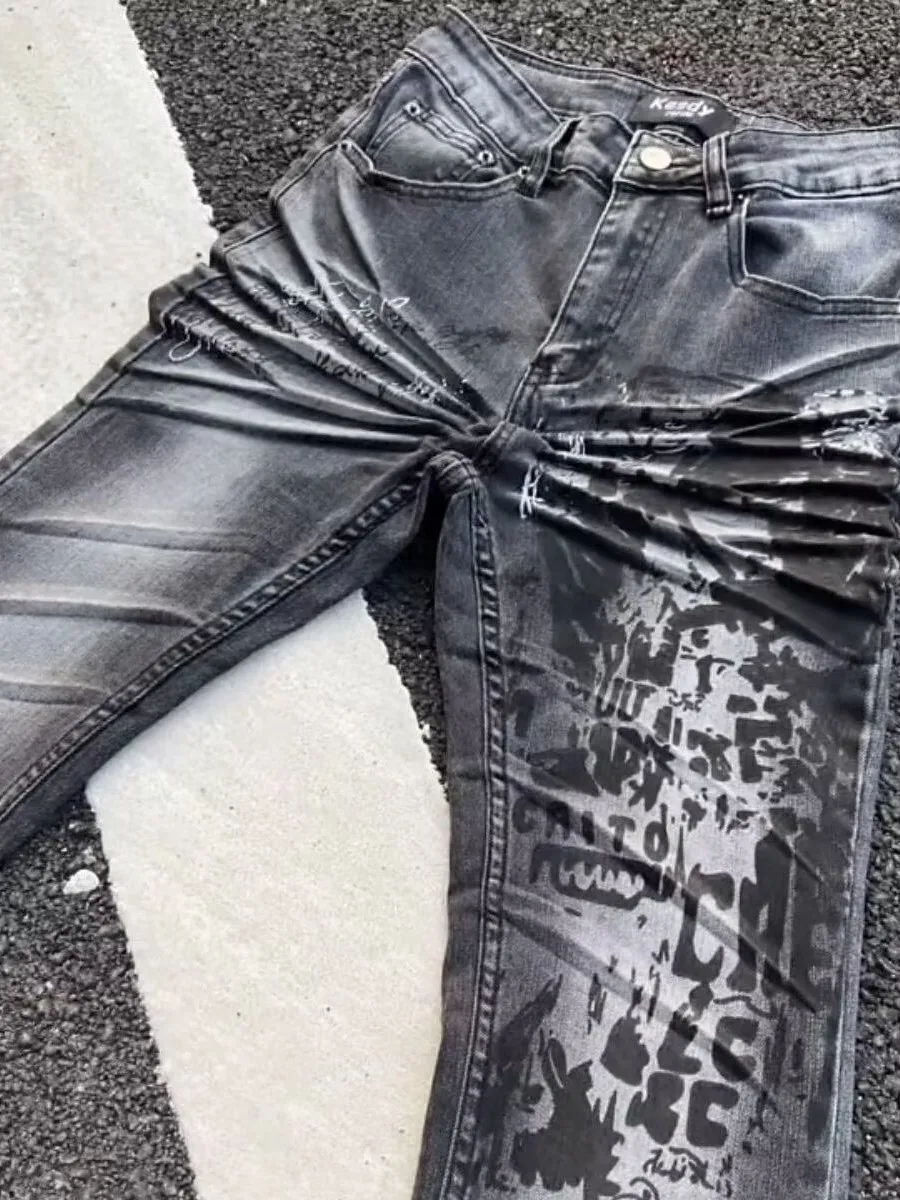Limited Edition Graffiti Print Slim Fit Men's Jeans Black Cow High Street Style Loose Flared Long Trousers Trendy Casual Jeans
