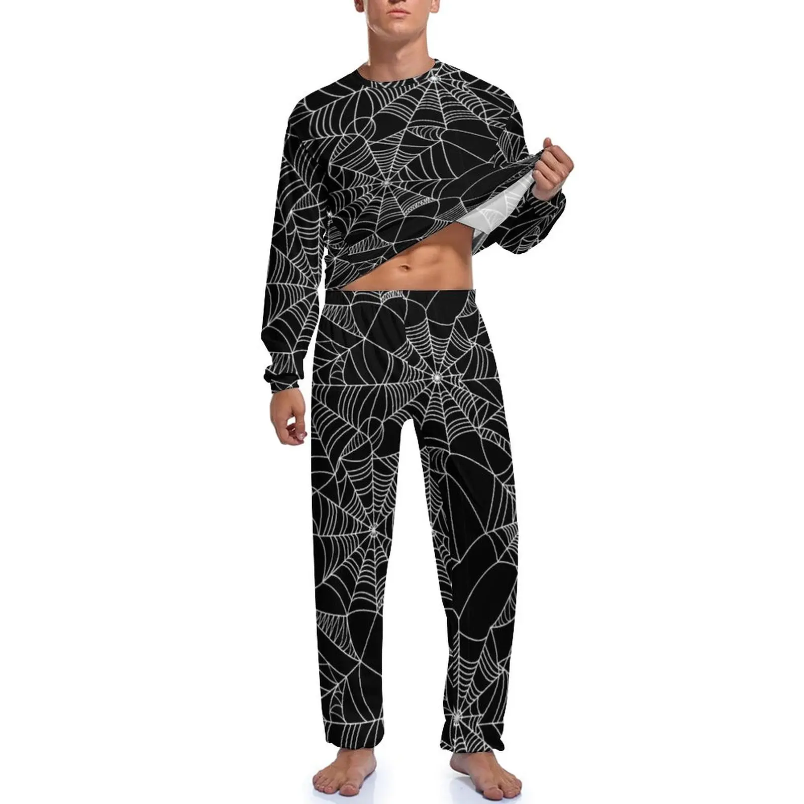 Fun Halloween Pajamas Autumn Spider Web Print Casual Home Suit Men Two Piece Custom Long Sleeve Trendy Pajama Sets