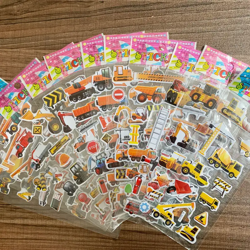 10 Vellen 3D Vrachtwagens Stickers Feestartikelen Gezwollen Bouwvoertuig Stickers DIY Kinderen Speelgoed Peuter Herbruikbare Stok voor Auto Fiets