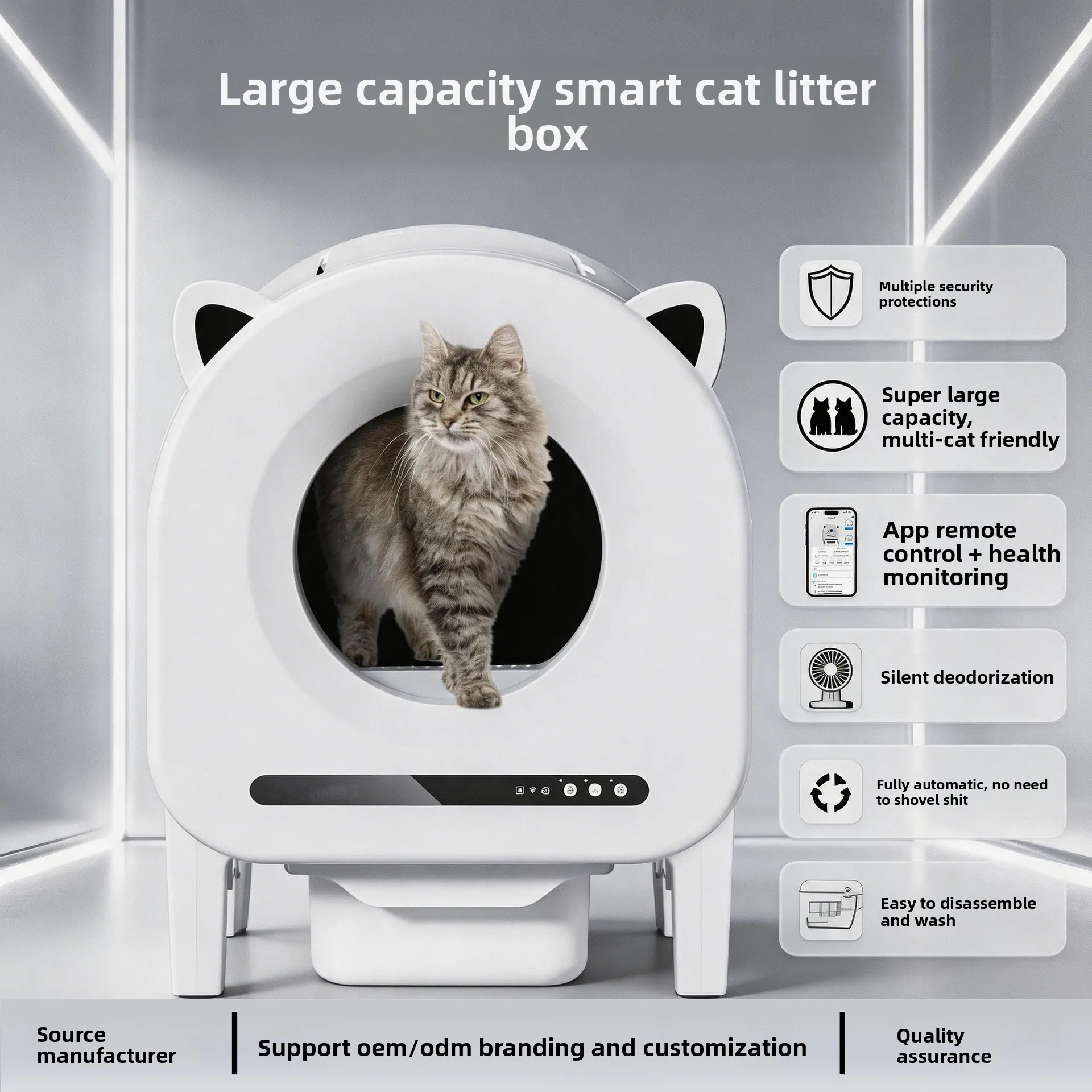 Cross-border Smart Pet Litter Box For Cat Extra-Large 90L Capacity App-Based Remote Control Triple Safety Features ABS Plastic