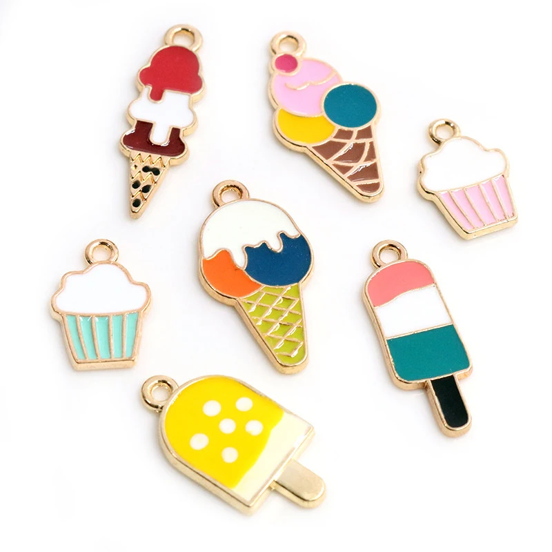 10pcs Summer Dessert  Alloy Metal Drop Oil Ice Cream Charms Pendant For DIY Bracelet Necklace Jewelry Making Finding