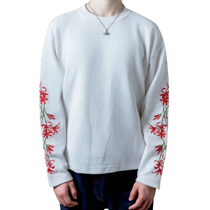 Casual Embroidered Vintage Y2K Harajuku RedSpider Lily Long Sleeve Tee Streetwear Men Women Retro Long Sleeved Tshirt Sweatshirt