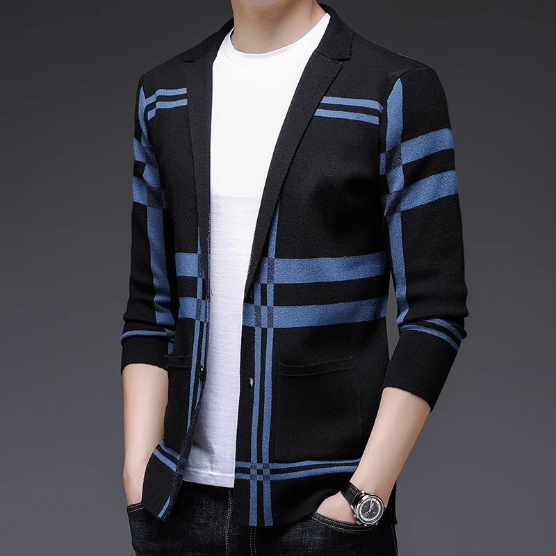 고급 남성 니트 정장 가디건 편안한 체크 무늬 자카드 긴팔 코트 가을 다용도 트렌드 남성복 상의
