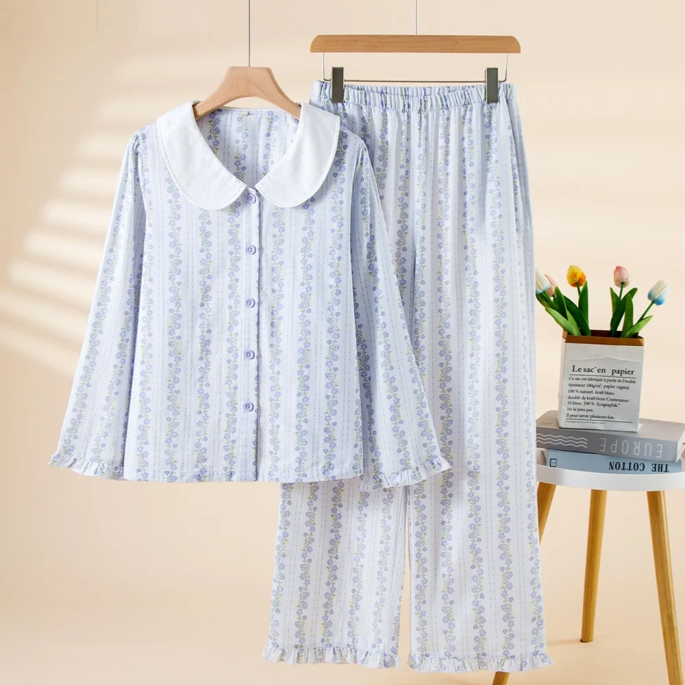 

Осенняя одежда для сна, хлопково-марлевый пижамный комплект, женская одежда для сна, ночная рубашка с длинными рукавами и цветочным принтом, женский пижамный комплект, пижама