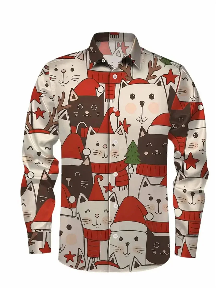 Grote maten herenshirt met lange mouwen Cartoon kerstsneeuwman en boomprint Vakantie Casual familiefeestkleding