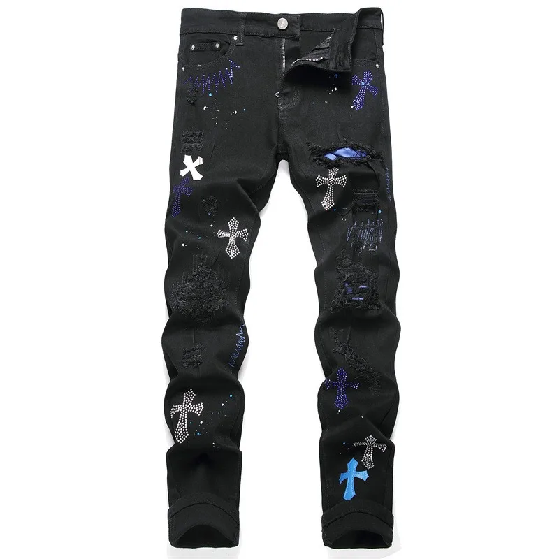 

Men's Jeans Hole Patch Black Trend Elastic Slim Feet Pants Personalized Men's Pants Niche Basic Style