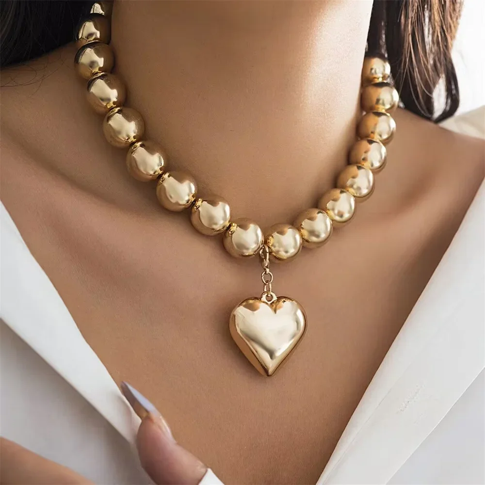 Boho Punk Silver-plate Big Bead Chain Heart Pendant Necklace For Women Vintage Fashion Female Baroque Hip Hop Choker Jewelry