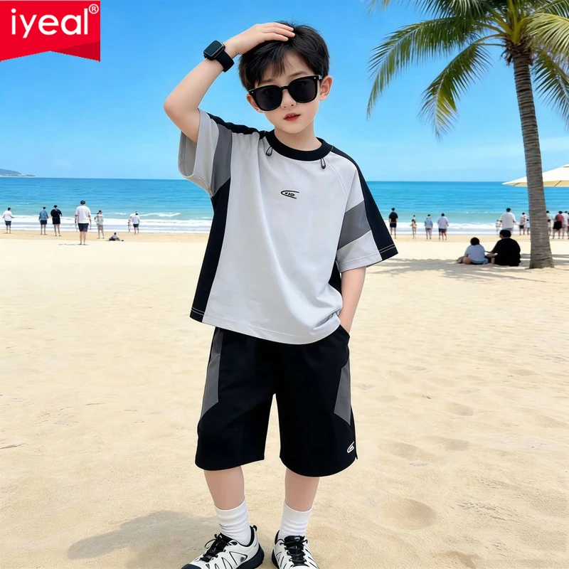 IYEALBoys' Fashionable Summer T-shirt + Shorts Set New 2026 Children's Cool Quick Drying Breathable Short Sleeved Sportswear