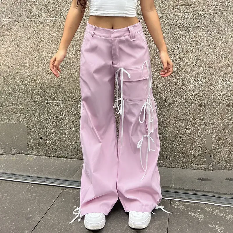 

QWEEK Y2k Bow Wide Leg Pants Woman Baggy Streetwear Korean Casual Loose Cargo Trousers 2000s Hip Hop Pcoquette Pantalones