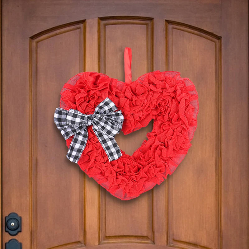 Valentine S Day Bow Wreath Sztuczny czerwony wieniec w kształcie serca z wiszącą liną na okno drzwi wejściowych