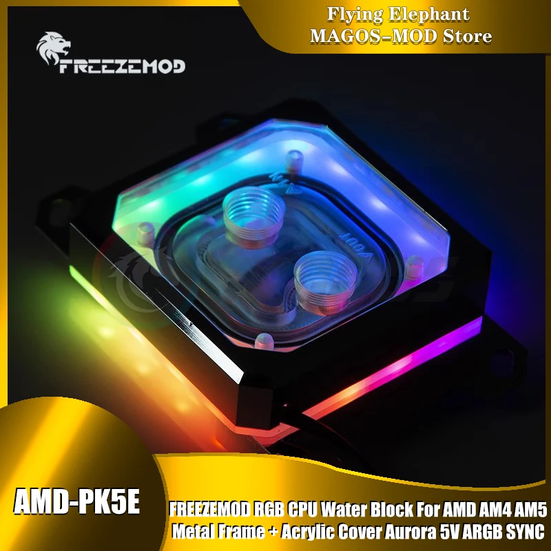 FREEZEMOD RGB CPU Water Block dla AMD AM4 AM5, metalowa rama + akrylowa osłona, Aurora 5V ARGB SYNC, AMD-PK5E