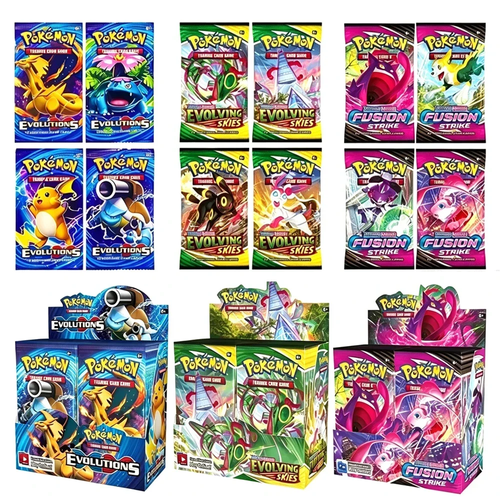 4 paquets de cartes Pokémon en anglais, Évolutions, Évolutions Ciel, Fusion Strike, jeu de cartes à collectionner, cadeau pour enfants, garçons et filles