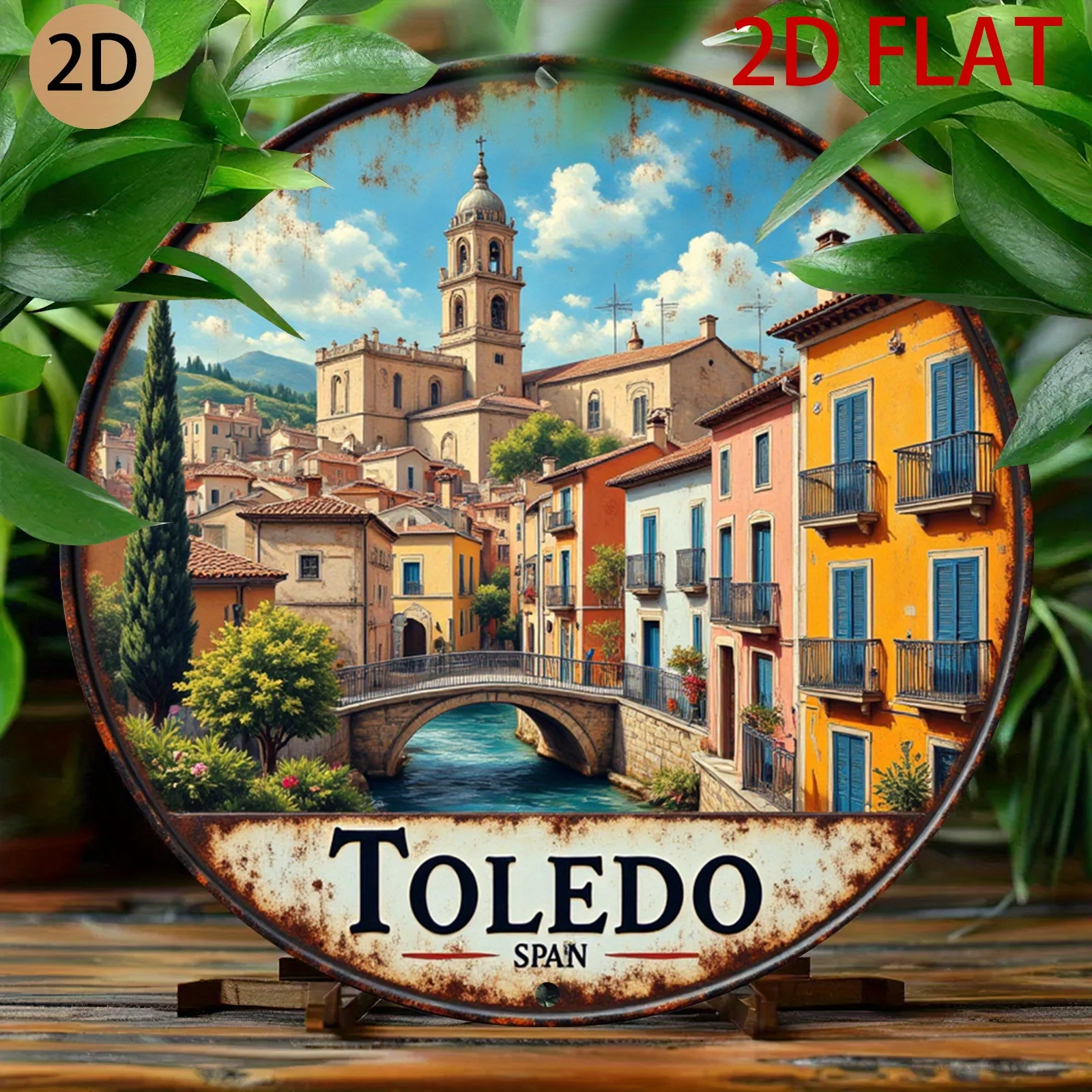 Spanish Toledo Metal Wall Art - Rustic Spanish Townscape Circular Hanging Decor, Metal Plate for home Bar & Travel-Themed Rooms,