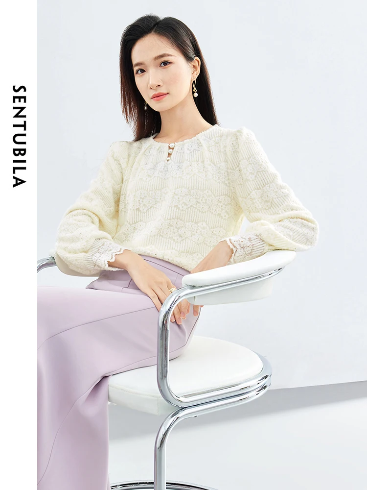 SENTUBILA Round Neck Women\'s Lace Shirt 2024 Woman Elegant Apricot Pullover Long Sleeve Shirts & Blouses Spring Tops 141S53225