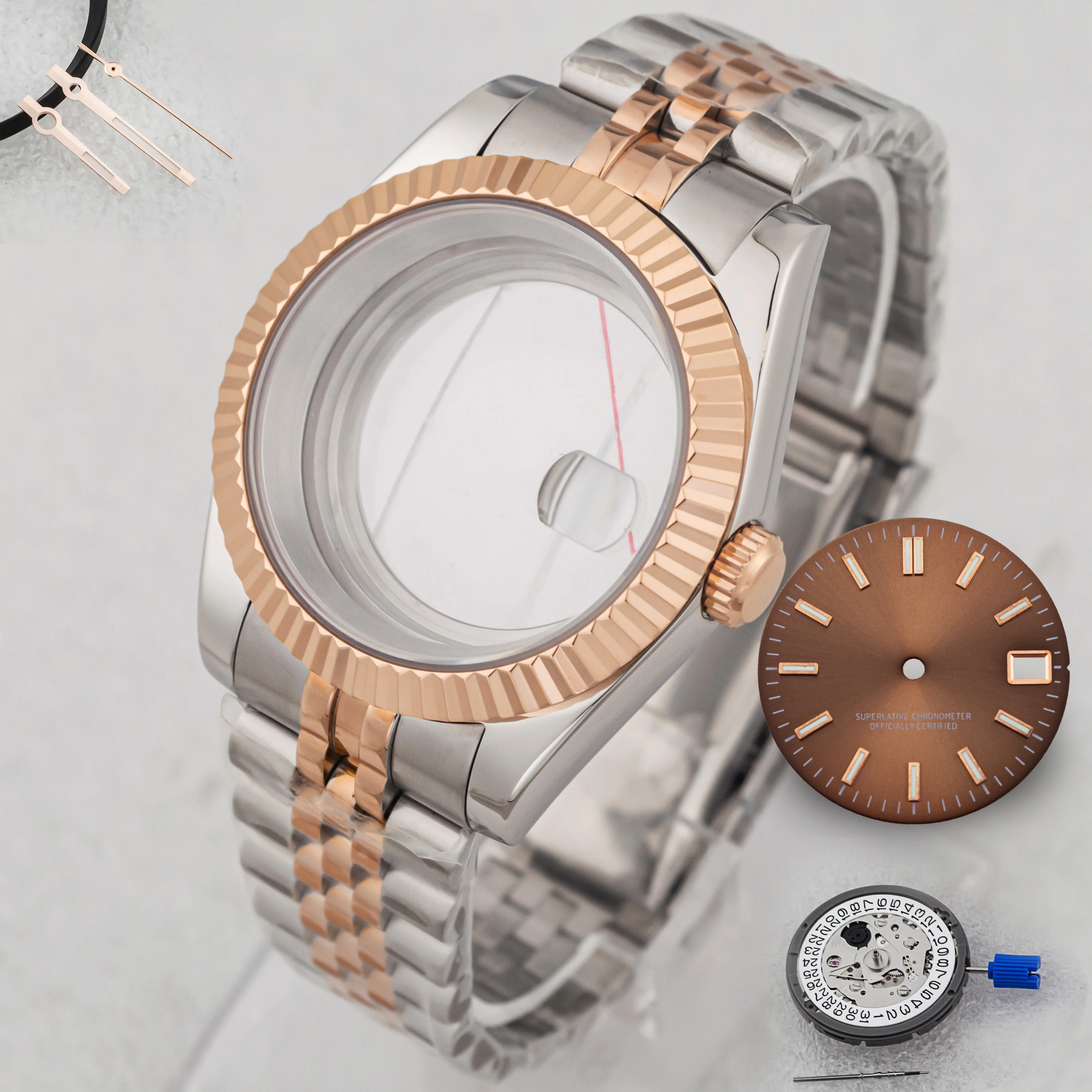 

36mm 39mm NH35 Case Two Tone Rose Gold Stainless Steel Strap Chocolate Dial Pointers for NH35 Movement Assemble