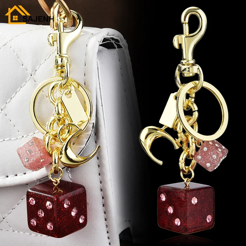 Fashion Pink Size Dice Crystal Drip Alphabet Keychain Student Ladies Jewelry Bag Gift Pendant Keyring Accessories