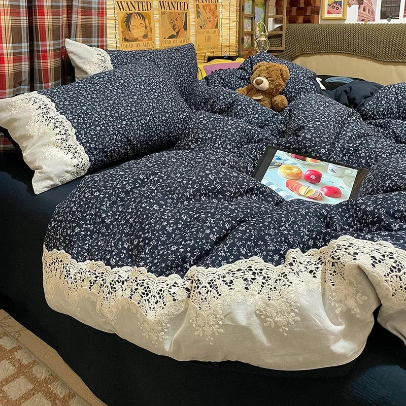 2026 Sweet Retro Lace Bedding Set Soft Floral Printed Fitted Sheet Kit with Quilt Cover Skin-Friendly Cozy Bedclothes for Singl