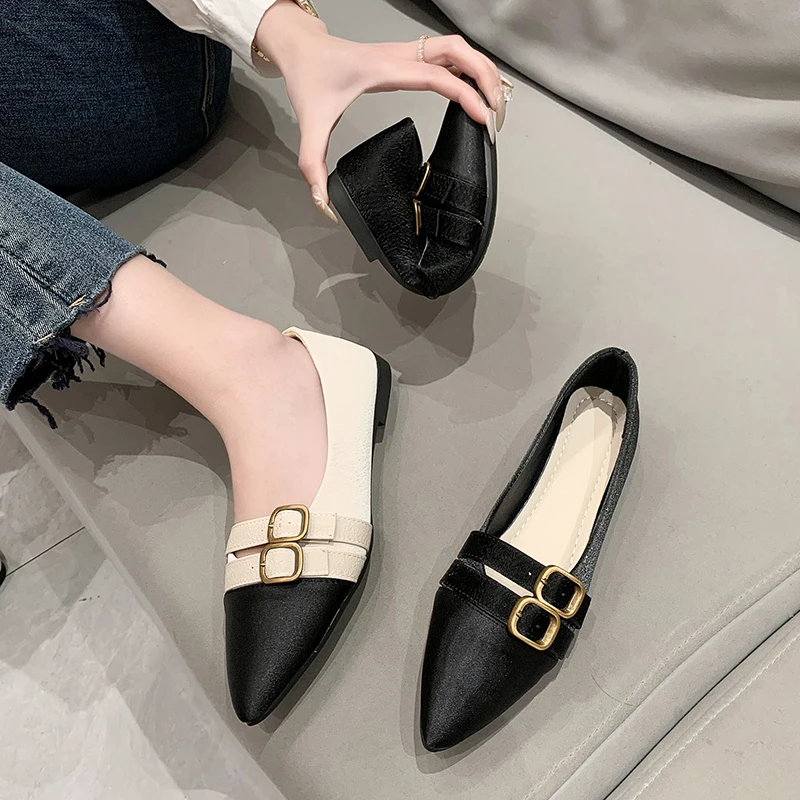 Ladies Summer Footwear Flat Office Black Shoes for Women 2024 Low Heel Elegant Pointed Toe Flats Beau Today High Quality Shoe